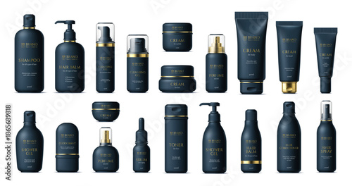 3d cosmetic products black vector bottles and package mockup. Hair shampoo and balm, cleansing gel, toner, deodorant, serum bottle, lotion and face cream tube, pump dispenser cosmetic containers