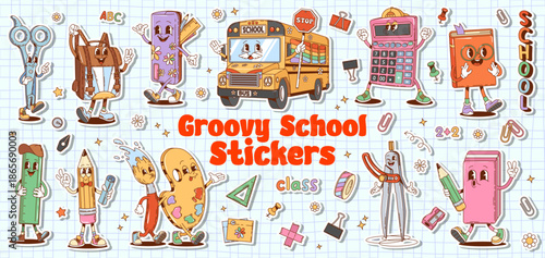 Cartoon groovy school education characters stickers pack. Cute school supplies and stationeries vector personages. Retro groovy hippie book, pencil and ruler, calculator, bag, paint and bus characters