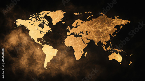 Golden World Map on Dark Background with Smoke Effect