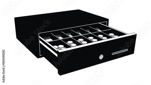 A black cash drawer is open with coins and bills inside.