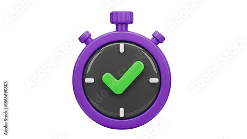Purple stopwatch with green checkmark and white markers