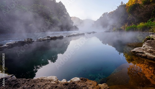Misty geothermal lake reflecting trees and sky with steam rising from the water