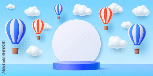 3d kids podium stage with air balloons and clouds. The cute blue platform is surrounded by funny red and blue balloons floating in the sky. Vector presentation space for baby products or nursery decor