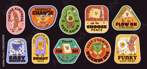 Breakfast groovy stickers, morning breakfast hippie patches. Set of retro food character badges featuring sausage, cereal bowl, avocado, sandwich, blueberry, juice, toast, coffee cup, egg and bacon
