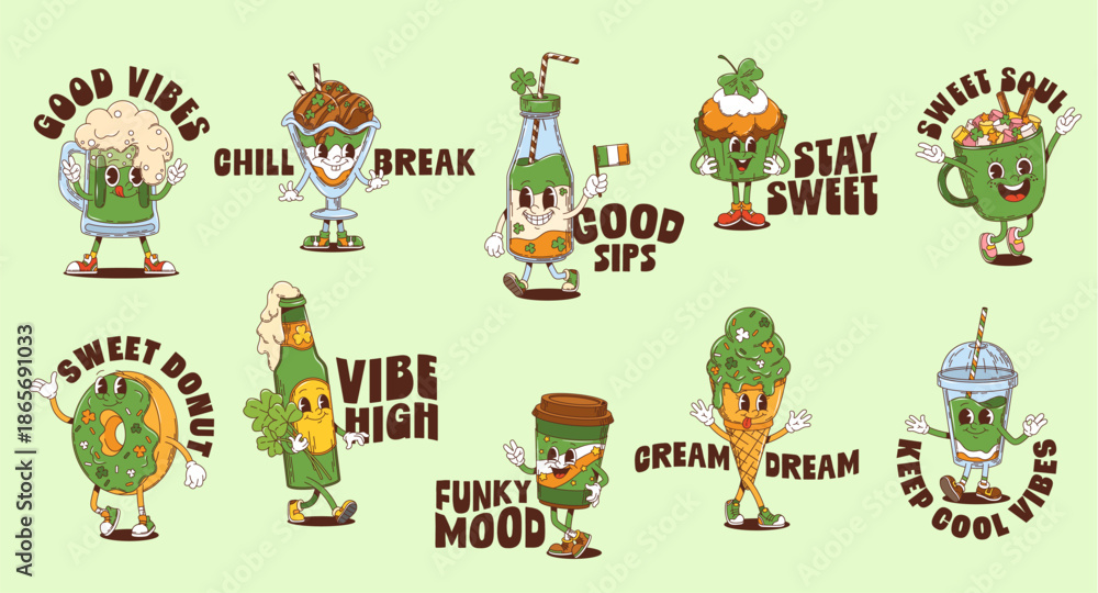 Fototapeta premium St Patrick day Y2K groovy stickers with characters of Irish holiday, cartoon vector. Groovy green ale beer with funny face and Ireland flag, donut and cupcake with shamrock for Saint Patrick stickers