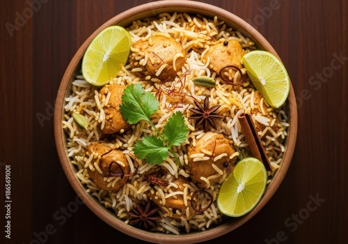 A bowl of rice and chicken with lime wedges on a wooden table