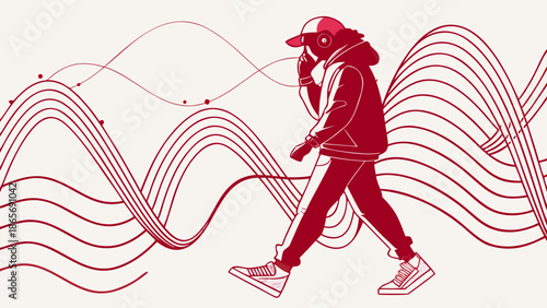 Young person in headphones walks confidently through abstract sound waves, enjoying music