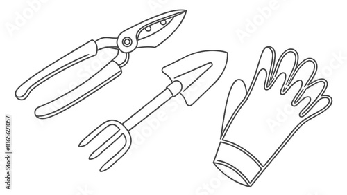 Essential gardening tools: pruning shears, trowel, and protective gloves for outdoor work