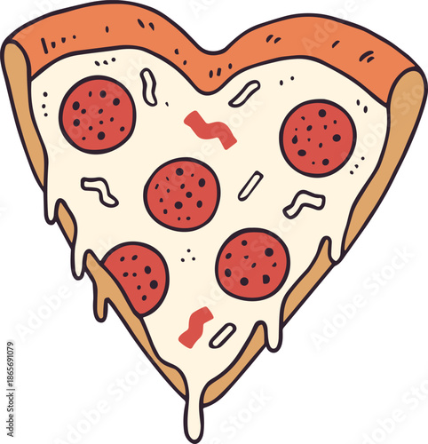 Heart shaped pizza slice with pepperoni and melting cheese vector illustration
