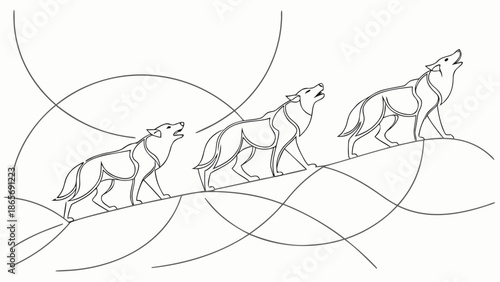 Three wolves howling at the moon on a stylized landscape with abstract lines