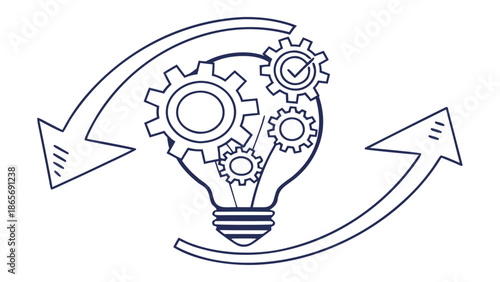 Innovative idea with gears inside a lightbulb and circular arrows suggesting process and progress.