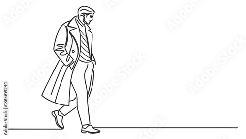 Stylish man in a trench coat walks confidently outdoors, captured in a minimalist line art style.
