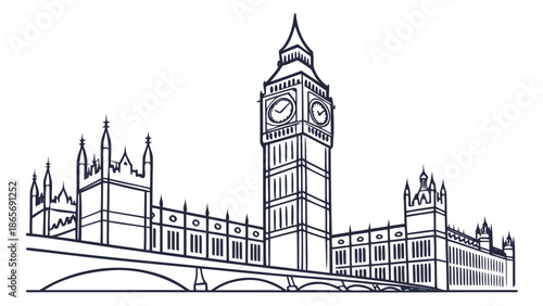 Iconic clock tower and government building in a clear line art illustration