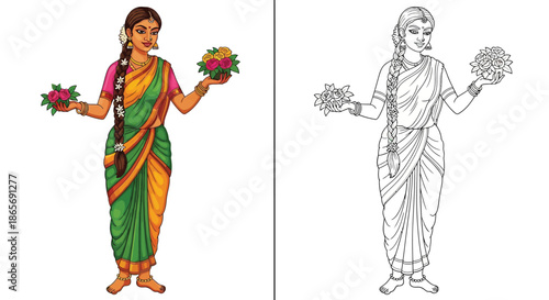 Elegant Indian Woman in Sari With Tropical Flowers Color and Black White Outline Illustration