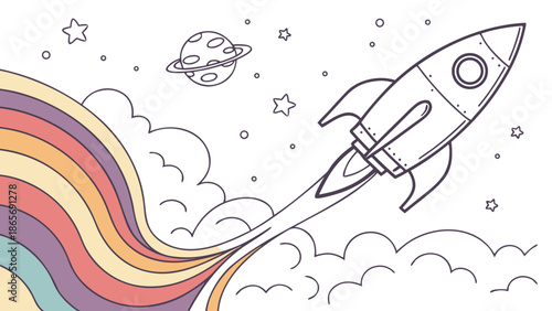Whimsical rocket soaring through colorful clouds and stars on a cosmic journey.
