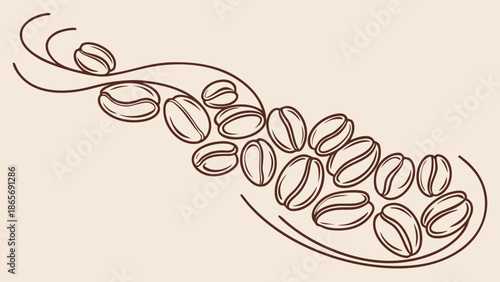 Whimsical swirl of roasted coffee beans on a light background, evoking aroma and energy.