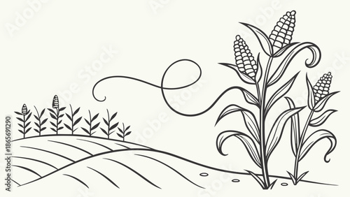 Whimsical line art illustration of a bountiful cornfield under a clear sky