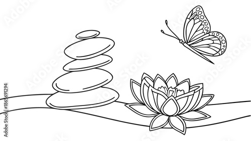 Serene balance of stacked stones, delicate lotus flower, and graceful butterfly in peaceful nature scene.