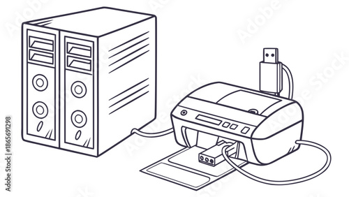 Connecting a modern printer to a computer server for data transfer and printing.