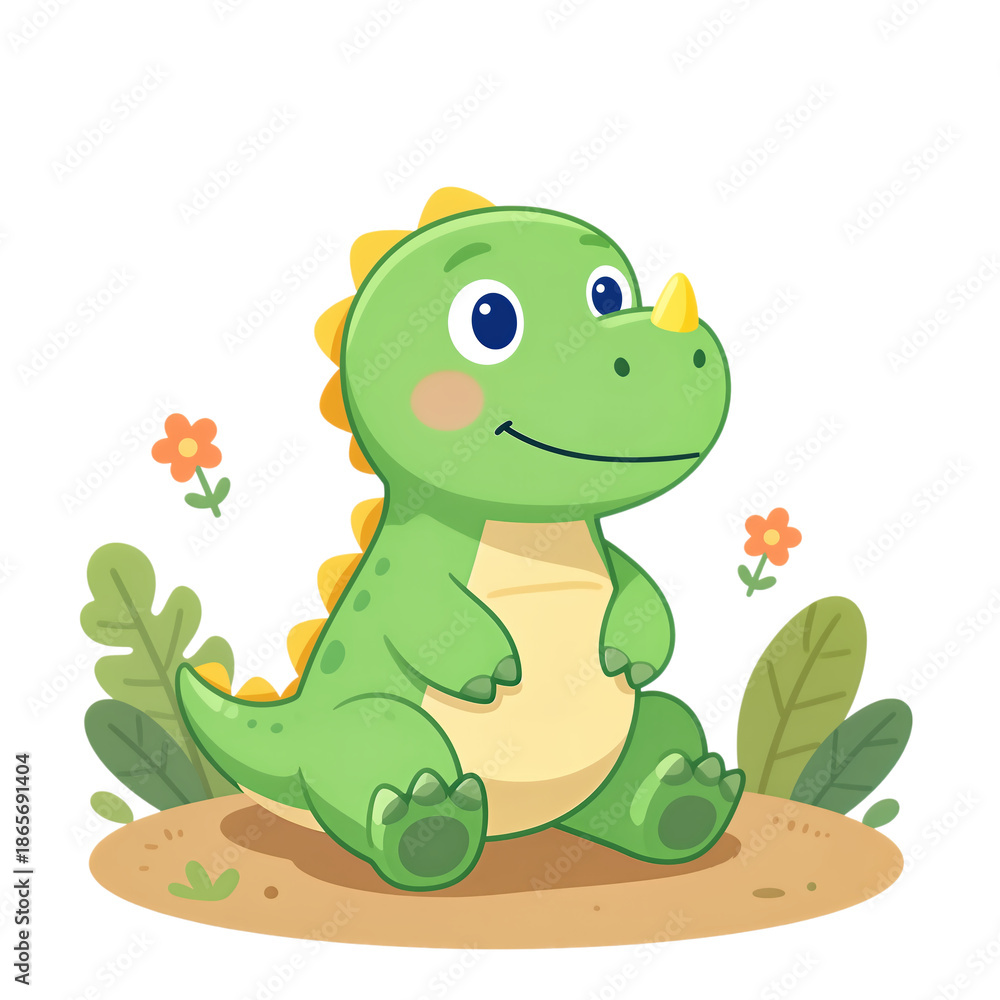 Fototapeta premium Cute Green Cartoon Dinosaur Sitting With Flowers