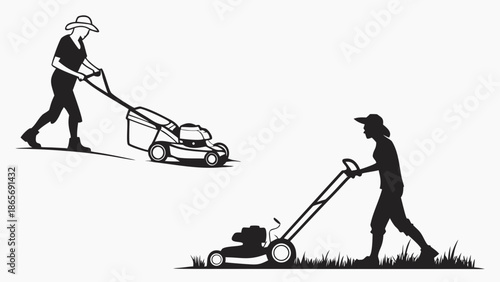 Silhouettes of two women tending a garden with lawnmowers on a bright day.