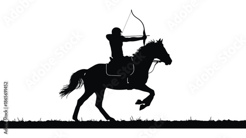 Silhouette of a person on horseback aiming a bow and arrow.