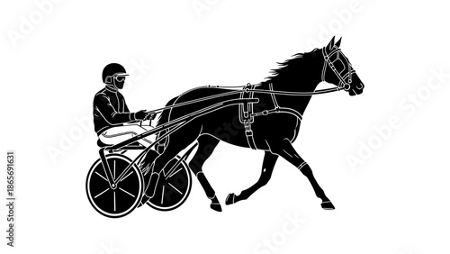 A silhouette of a horse pulling a sulky with a driver.