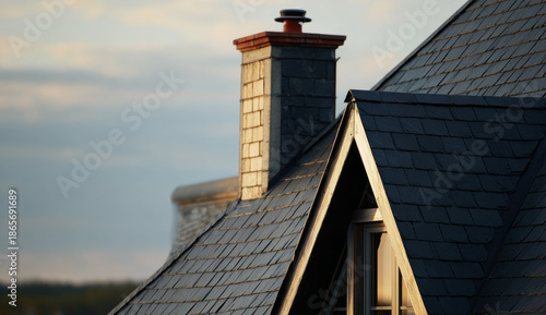 Wallpaper Mural Close-animated movie view of a black slate roof on a house with chimney and gable, showcasing textured dark roofing material and architectural details Torontodigital.ca