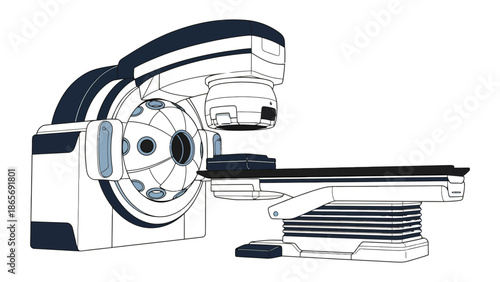 A medical linear accelerator machine is depicted in a clean illustration.