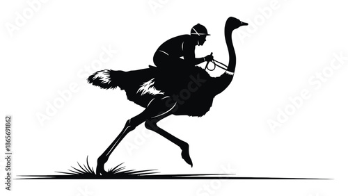 Silhouette of a jockey riding an ostrich in a race