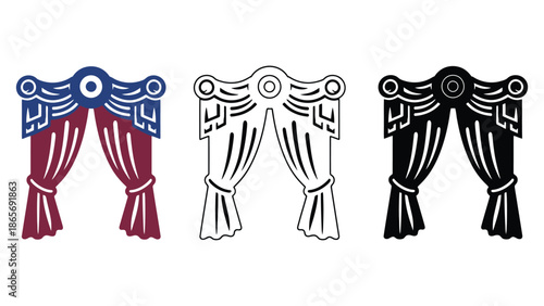 Three stylized depictions of ornate curtains with decorative elements.
