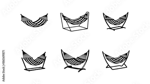 Six different styles of hammocks are displayed on a white background.