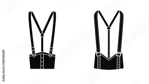 A pair of black suspenders with different buckle designs on a white background