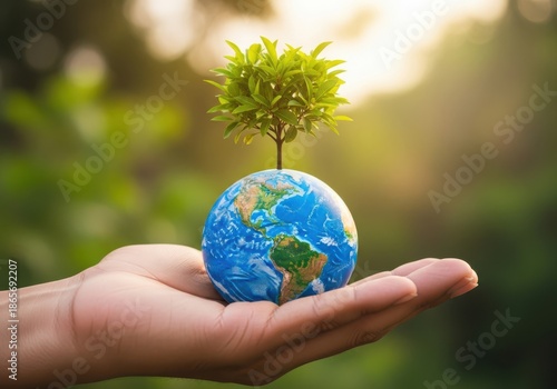A hand holding a globe with a small tree growing on top