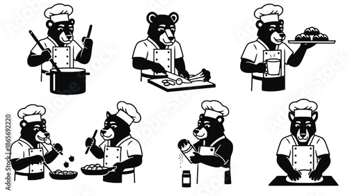 A cartoon bear in various chef poses preparing and cooking food