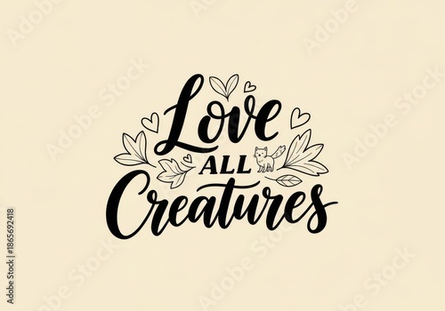 Love all creatures with hearts and leaves on cream background