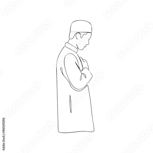 Muslim man standing in Qiyam prayer position with hands on chest in clean minimalist line art illustration