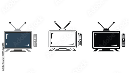 A set of three television icons with remote controls on a white background