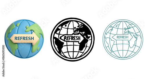Global Refresh and Worldwide Update Icon Set with 3D Earth