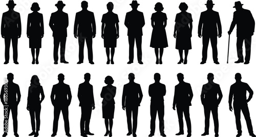 Business people silhouette collection showing diverse men women standing poses, professional office characters black vector isolated illustration set