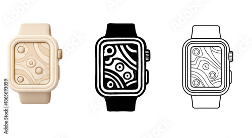 Modern Smartwatch and Wearable Tech Icon Set with Watch Face
