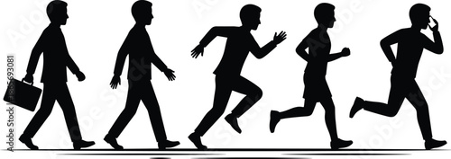 Businessman transformation from walking to running silhouettes, career growth concept, professional success journey, motivation, progress stages, dynamic lifestyle illustration