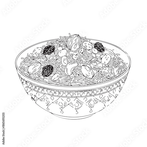 Traditional bowl of vermicelli pudding dessert with nuts and raisins line art for Eid al-Fitr feast illustration