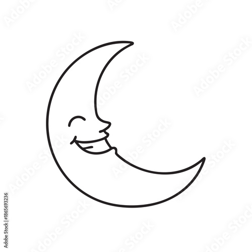 Cartoon smiling crescent moon character line art for children's holiday decorations and bedtime illustrations