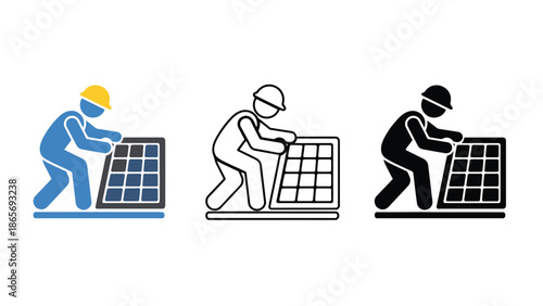 A worker installs a solar panel, depicted in three styles.
