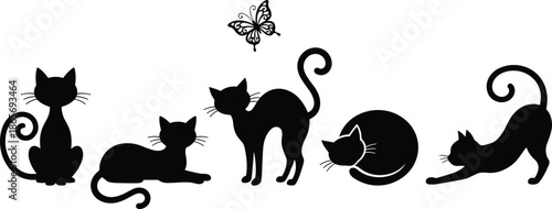 Cute cat silhouettes set with playful poses, black kittens illustration, pet lifestyle collection, adorable animal icons, minimal vector design
