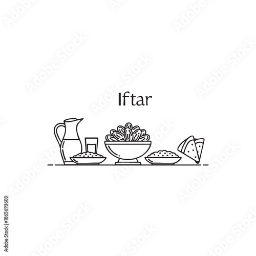 Iftar food arrangement with dates, water, and pastries, Ramadan Kareem meal concept in line art