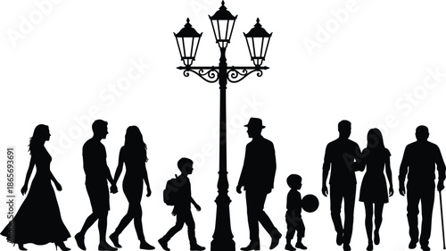 Family silhouettes walking under vintage street lamp, urban evening lifestyle scene, parents and children together, community bonding, city life illustration