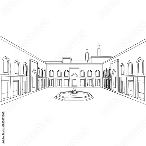 Perspective Sketch of a Traditional Islamic Mosque Courtyard with Central Octagonal Fountain