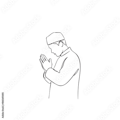 Minimalist One Line Drawing of Muslim Man Praying in Side Profile View Vector Illustration